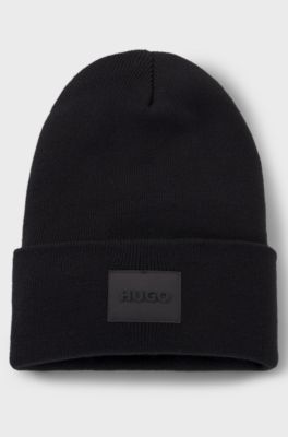 Cotton beanie hat with logo label, Black