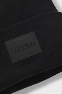 Cotton beanie hat with logo label, Black