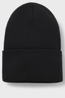 Cotton beanie hat with logo label, Black