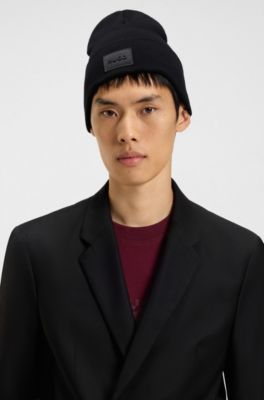 Cotton beanie hat with logo label, Black