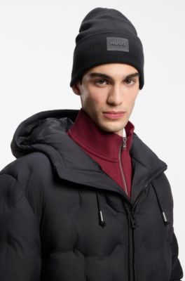 Cotton beanie hat with logo label, Black