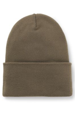 Knitted beanie hat in cotton with logo badge, Grey