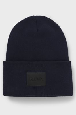 Cotton beanie hat with logo label, Dark Blue