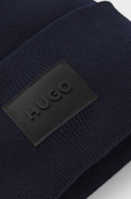 Cotton beanie hat with logo label, Dark Blue