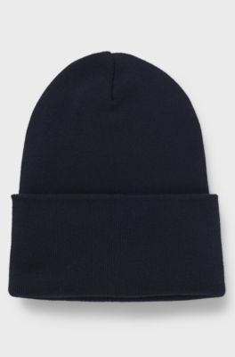 Cotton beanie hat with logo label, Dark Blue