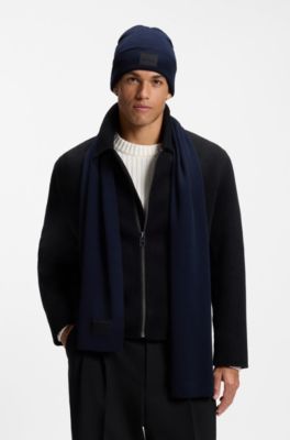 Cotton beanie hat with logo label, Dark Blue