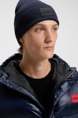 Cotton beanie hat with logo label, Dark Blue