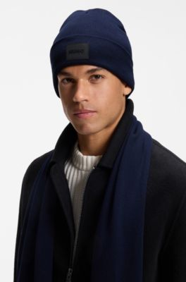 Cotton beanie hat with logo label, Dark Blue