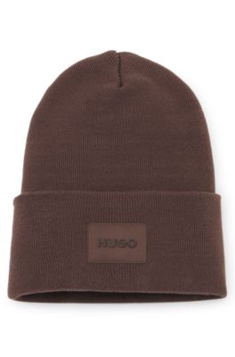 Cotton beanie hat with logo label, Brown