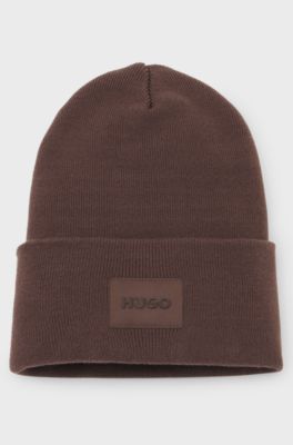 Cotton beanie hat with logo label, Brown