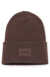 Cotton beanie hat with logo label, Brown
