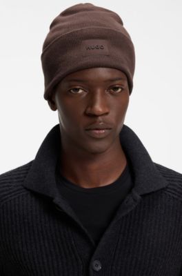 Cotton beanie hat with logo label, Brown