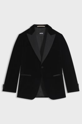 Slim-fit tuxedo jacket in cotton velvet, Black