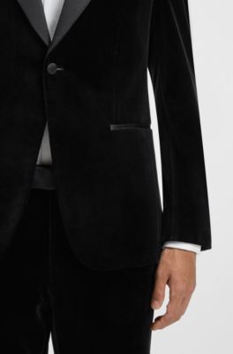 Slim-fit tuxedo jacket in cotton velvet, Black