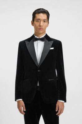 Slim-fit tuxedo jacket in cotton velvet, Black