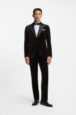 Slim-fit tuxedo jacket in cotton velvet, Dark Brown
