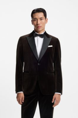 Slim-fit tuxedo jacket in cotton velvet, Dark Brown