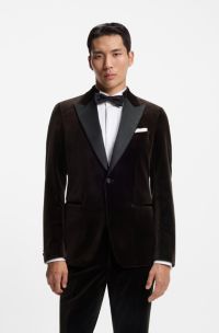 Slim-fit tuxedo jacket in cotton velvet, Dark Brown