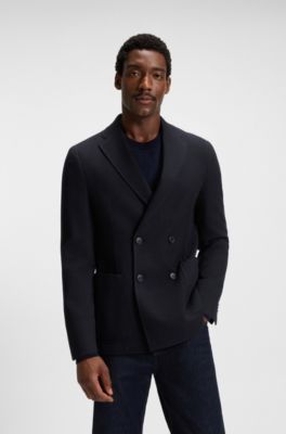 Slim-fit blazer in micro-patterned stretch wool, Dark Blue
