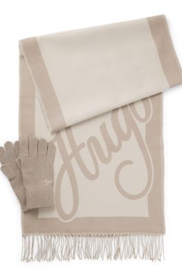 Knitted gloves and scarf set with logo details, Light Beige