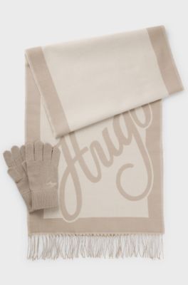Knitted gloves and scarf set with logo details, Light Beige