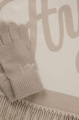 Knitted gloves and scarf set with logo details, Light Beige