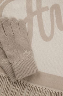 Knitted gloves and scarf set with logo details, Light Beige