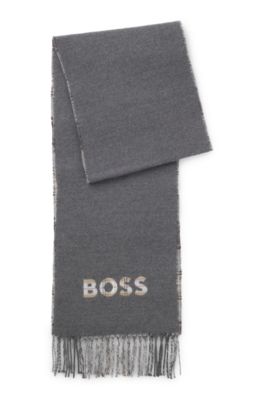 Italian-made scarf with checked and plain design, Grey