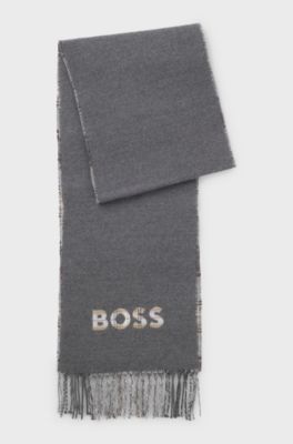 Italian-made scarf with checked and plain design, Grey