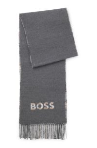 Italian-made scarf with checked and plain design, Grey