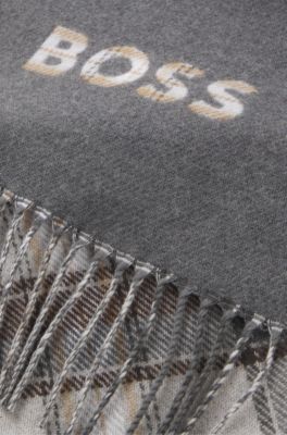 Italian-made scarf with checked and plain design, Grey