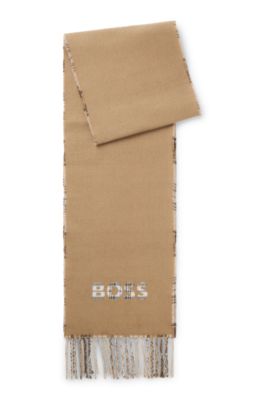 Italian-made scarf with checked and plain design, Beige