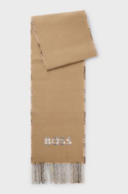 Italian-made scarf with checked and plain design, Beige