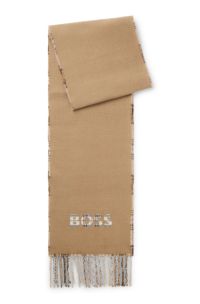 Italian-made scarf with checked and plain design, Beige