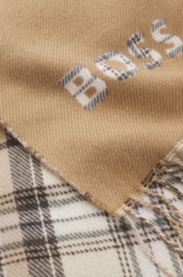 Italian-made scarf with checked and plain design, Beige