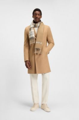 Italian-made scarf with checked and plain design, Beige