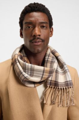 Italian-made scarf with checked and plain design, Beige