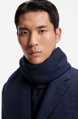 Double-faced cashmere scarf with twisted fringe, Dark Blue
