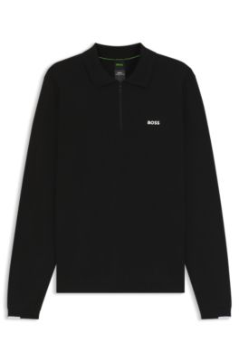Regular-fit cotton sweater with polo collar, Black