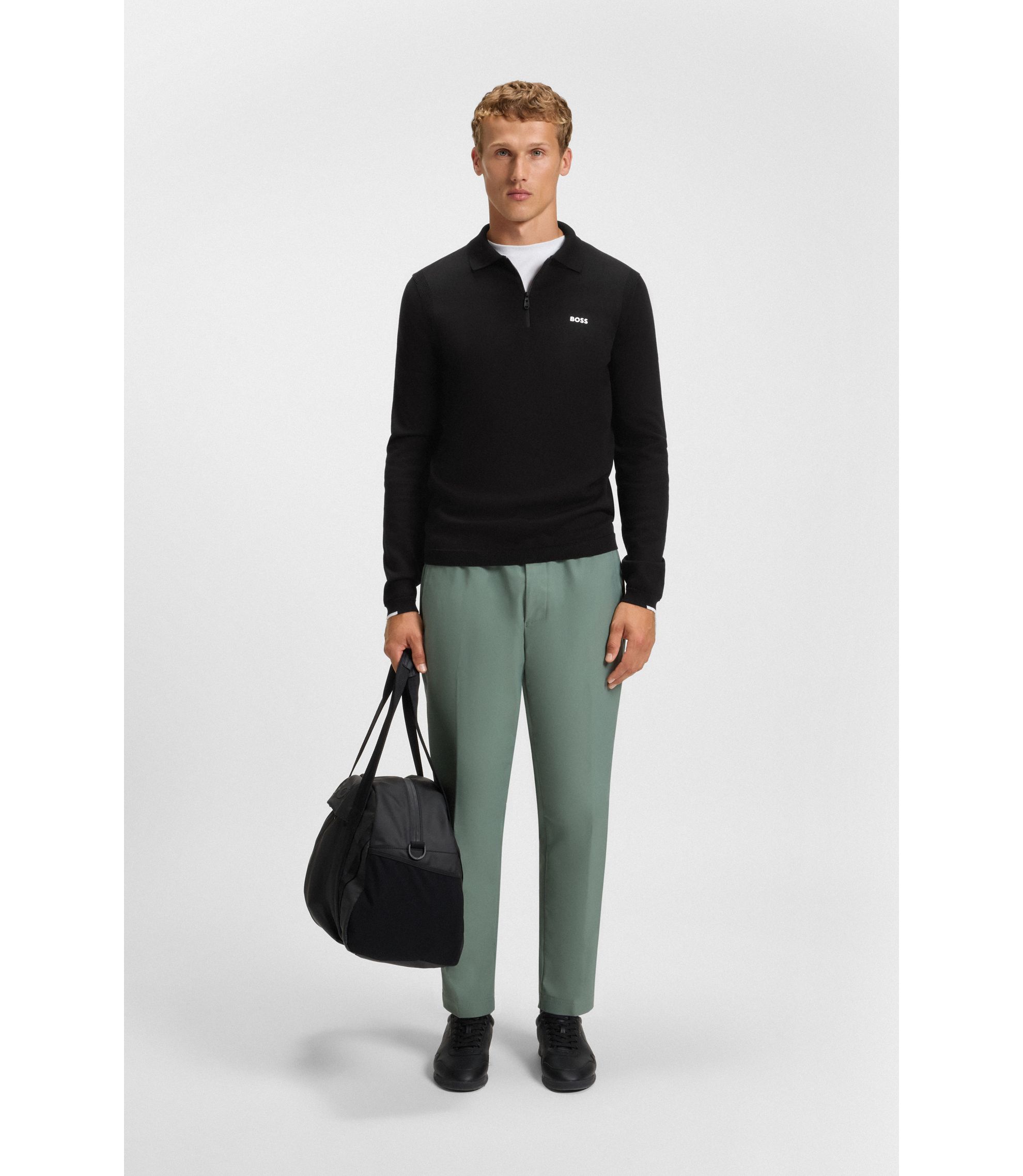 BOSS - Regular-fit cotton sweater with polo collar - Black