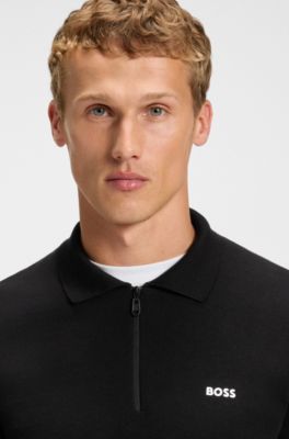 Regular-fit cotton sweater with polo collar, Black