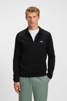 Regular-fit cotton sweater with polo collar, Black