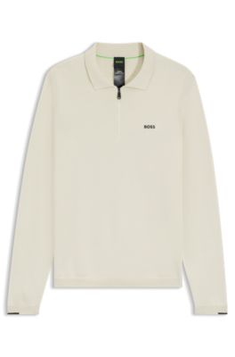 Regular-fit cotton sweater with polo collar, Natural