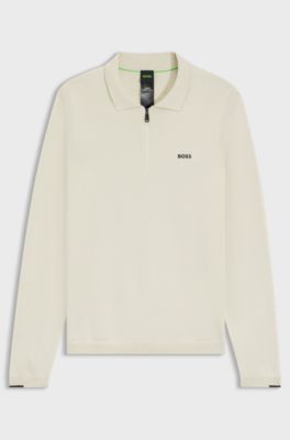 Cotton zip-neck sweater with contrast logo, Natural