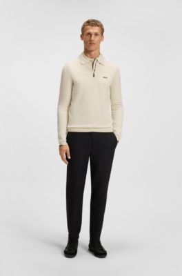Regular-fit cotton sweater with polo collar, Natural