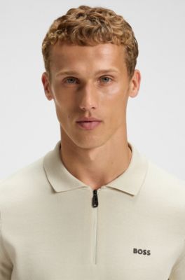 Regular-fit cotton sweater with polo collar, Natural