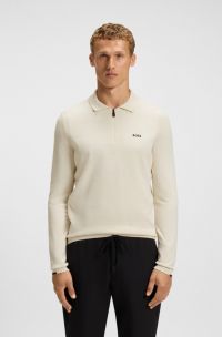 Regular-fit cotton sweater with zipped collar, Natural