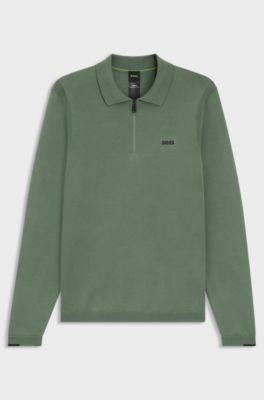 Cotton zip-neck sweater with contrast logo, Green