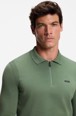 Cotton zip-neck sweater with contrast logo, Green