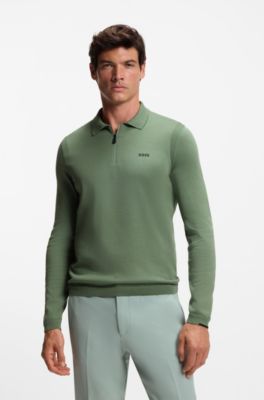 Cotton zip-neck sweater with contrast logo, Green